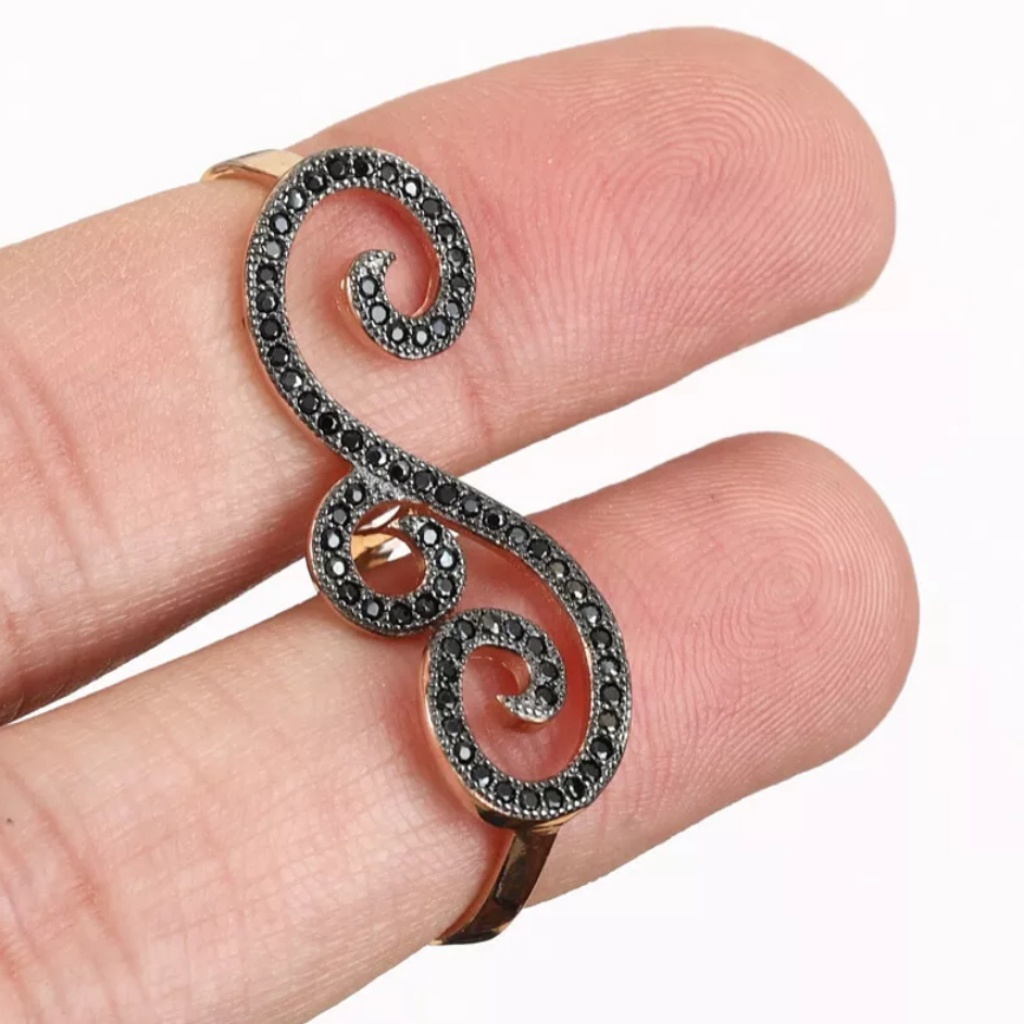 Black Onyx Gemstone Swirl Double Finger Sterling & Rosegold Ring Sz8 Adjustable